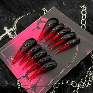Handmade Press On Nails, Long Stiletto Black Red Ombre Fake Nails, Reusable Halloween Vampire Claw Nails for Women, Dark Edgy Glue On Nails