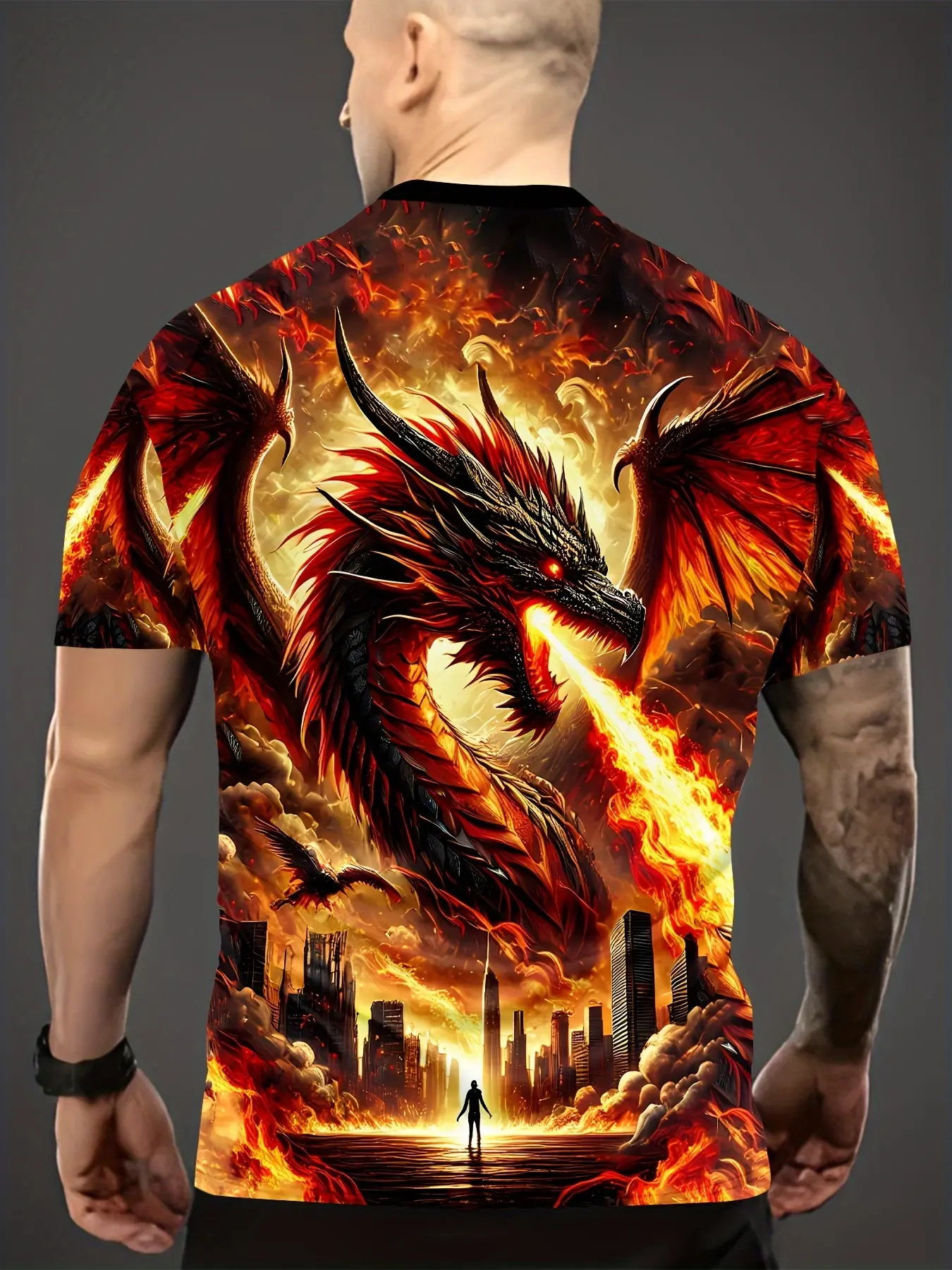 Men's Breathable Flame 3D Printed-Shirt- Vibrant Full Body Pattern Short Sleeve Top, Lightweight Polyester Fabric, Washable, Summer Outdoor Sports Casual Style, Regular Fit Crew Neck Short Sleeve Shirt, PLUS SIZE