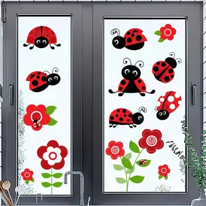 1 Set 、2 Pcs Red and Black Cute Ladybug Flower Decorative Electrostatic Stickers, Waterproof, Detachable, Reusable, Creative DIY Electrostatic Stickers, Suitable for Balcony Glass, Doors and Windows, Home Decoration, Room Decoration and Other Scenes