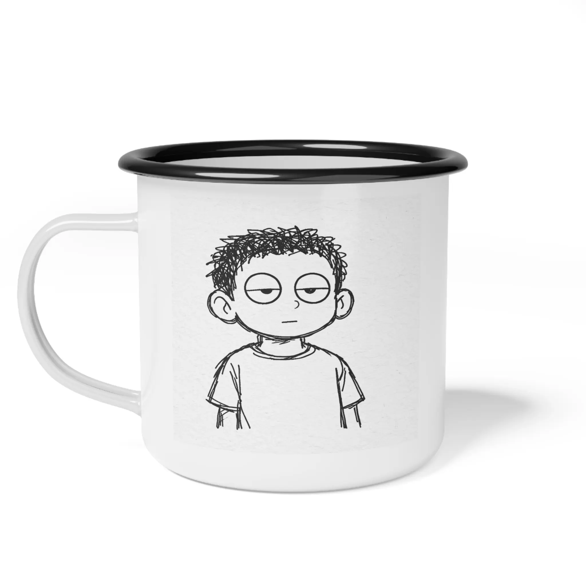 Minimalist Black & White Enamel Camp Cup - Printed Washable Camping Mug for Coffee, Drink Use (Sports & Outdoor, Camp Kitchen Gear), Reusable, Lightweight, Classic, Glossy, Black Rim, Reuse, Drinkware Mug, Steel, Travel Mugs