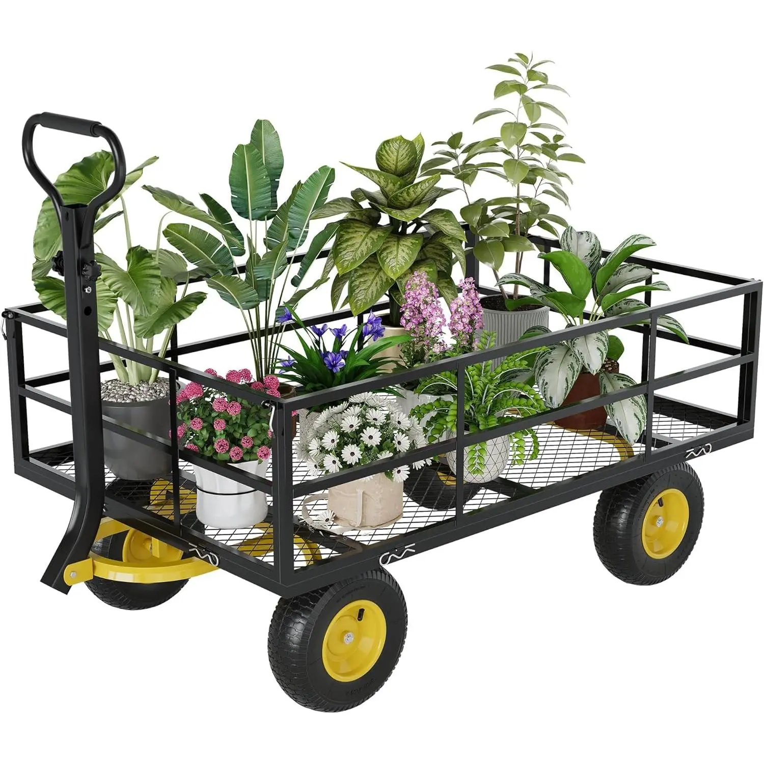 Garvee Heavy Duty Steel Garden Cart - 1200 LBS Capacity 3-in-1 Pullable Garden Wagon with 10-Inch Pneumatic Wheels, Versatile for Gardening Soil, Tools, Plant Transport & More, Black Yellow