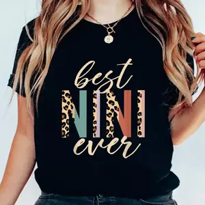 Trendy Women's 180g Cotton Black Crew Neck Short Sleeve Printed T-Shirt - "Best NINI Ever" Statement Graphic Tee, Stylish Leopard Print Décor, Casual Fashion Top for Ladies, Comfortable Summer Wear, Perfect Gift for Trendsetter Women