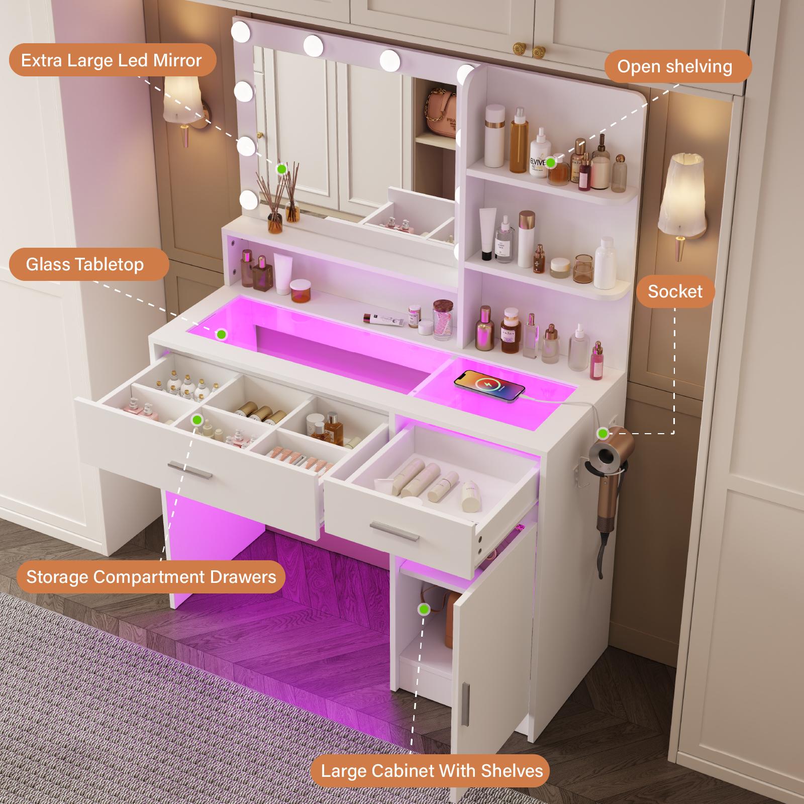 39" LED Vanity Desk with Mirror & Lights – Tempered Glass Top, 2 RGB Drawers & Built-in Power Outlet Vanitydesk 39" LED Vanity Desk with Mirror & Lights – Tempered Glass Top, 2 RGB Drawers & Built-in Power Outlet Vanitydesk