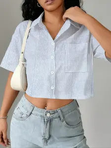 Women's Striped Short Sleeve Tops Cropped Casual Classy Fashion Collared Button Down Crop Shirts with Chest Pocket Fitted Blouses Streetwear Womenswear