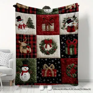 English Title: 2D Printed Flannel Blanket Christmas Theme with Snowman Reindeer Gift Patterns Soft Comfortable Warm Multi Scene Use for Sofa Bed Office Camping Perfect Holiday Gift for Family Friends