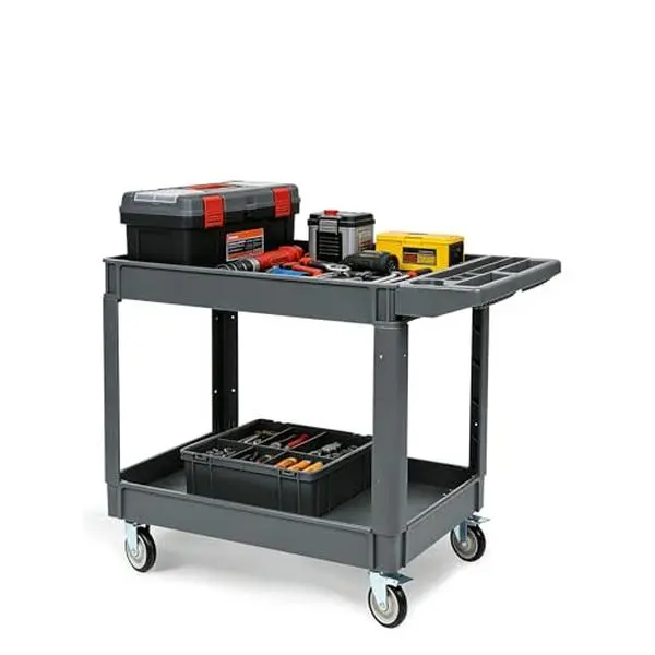 GARVEE 2-Shelf Heavy-Duty Plastic Rolling Tool Storage Cart - 360° Swivel Wheels (2 with Brakes), 550LBS Capacity, Large Lipped Compartment, Ergonomic Organiser Handle, Lightweight for Warehouse/Garage