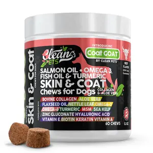Clean Pets Salmon Oil, Omega 3, Fish Oil, Bovine Collagen, Aloe Vera, Flaxseed Oil, Nettle Leaf, Omega-6, Hyaluronic Acid & More for Dogs Skin and Coat Supplement Chews – Coat Goat