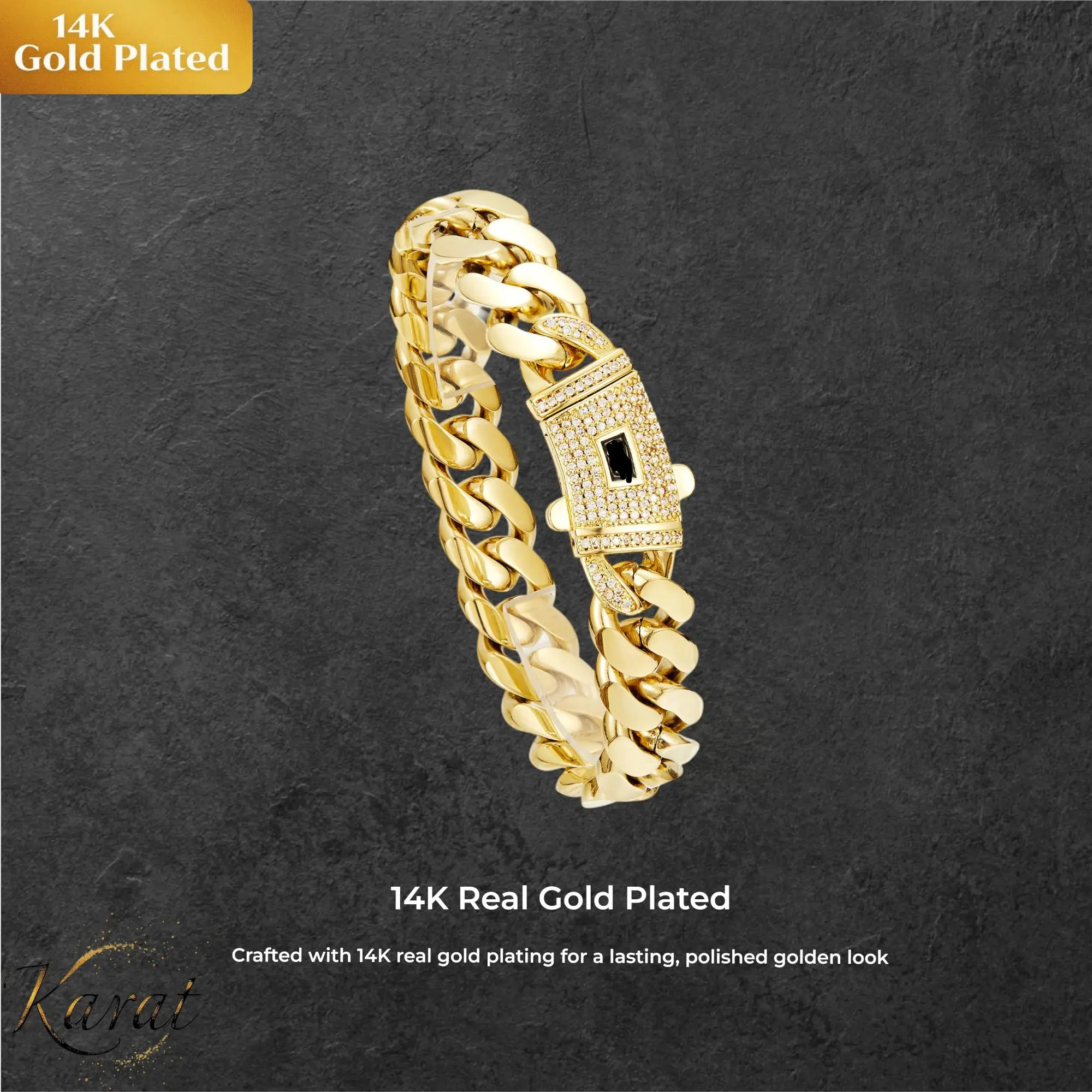 14K gold-plated Cuban bracelet.The new electroplating ocess and classic white gemstone setting design are stunning.. Miami Cuban bracelet combines tradition and fashion.The best gift for him/her.6mm~14mm 7.5/8.5 inches are available.