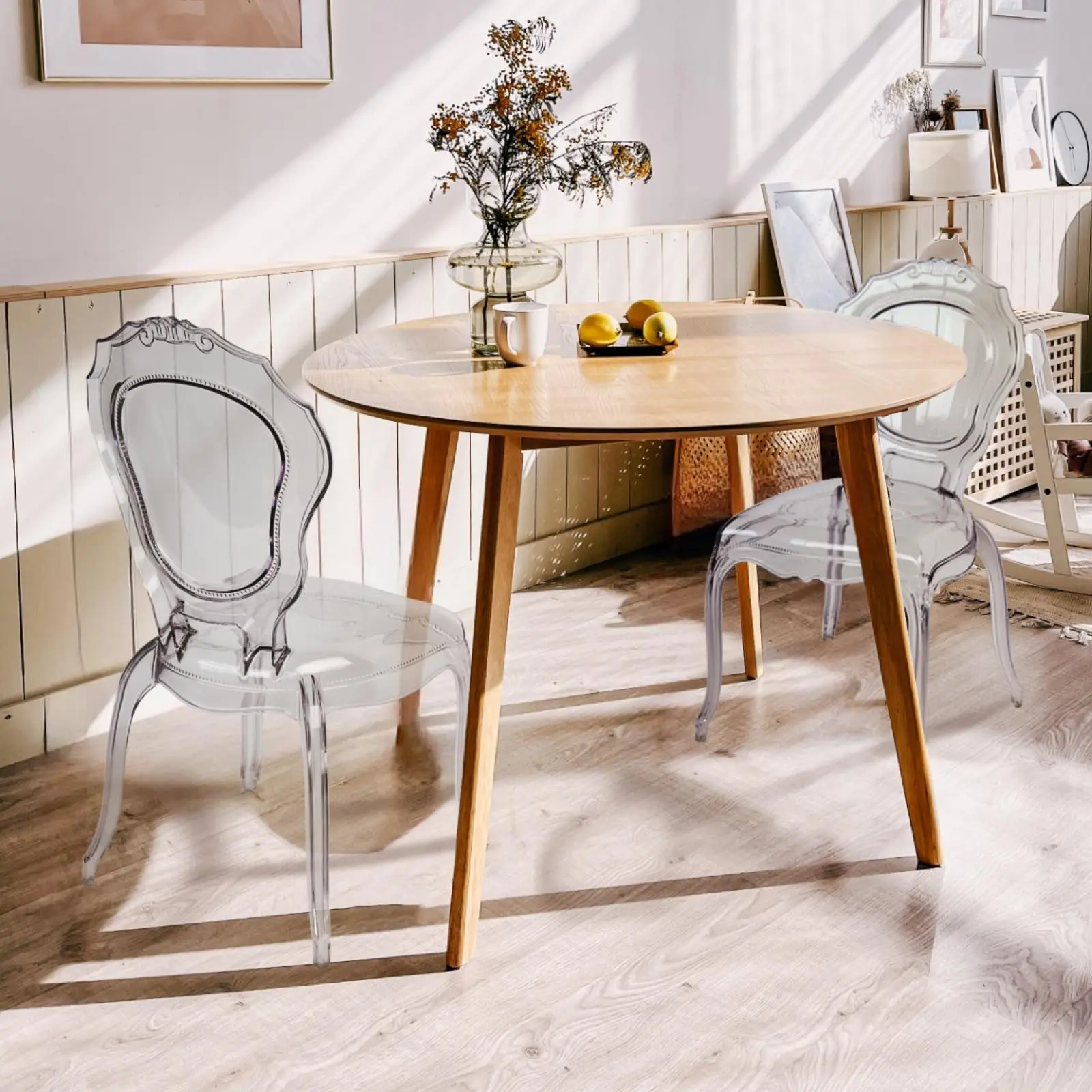 FOH Set of 4 Clear Ghost Dining Chairs with Transparent Seat, Ideal for Events and Banquets