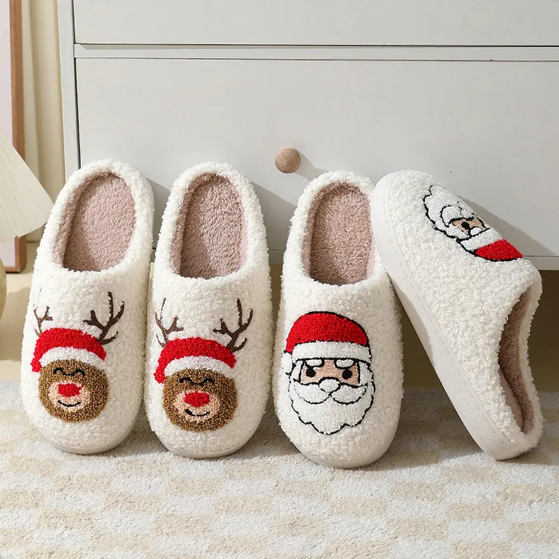 Soft Plush Fuzzy Winter Slippers/ Christmas Home Slippers Cute Cartoon Santa Claus Cotton Slippers For Women Winter Warm Furry Shoes Comfort Footwear