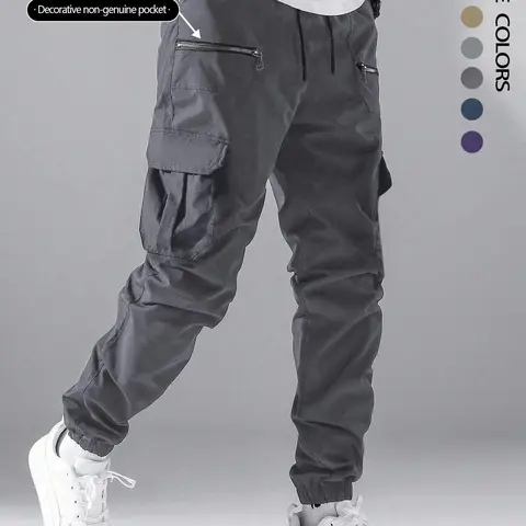 Men's Loose Solid Color Cargo Pants with Drawstring Waist, Zipper and Pockets, Street Fashion Jogger Trousers, Casual Athletic Pants for Daily and Outdoor Wear, Suitable for All Seasons, Menswear, Sportswear, Activewear