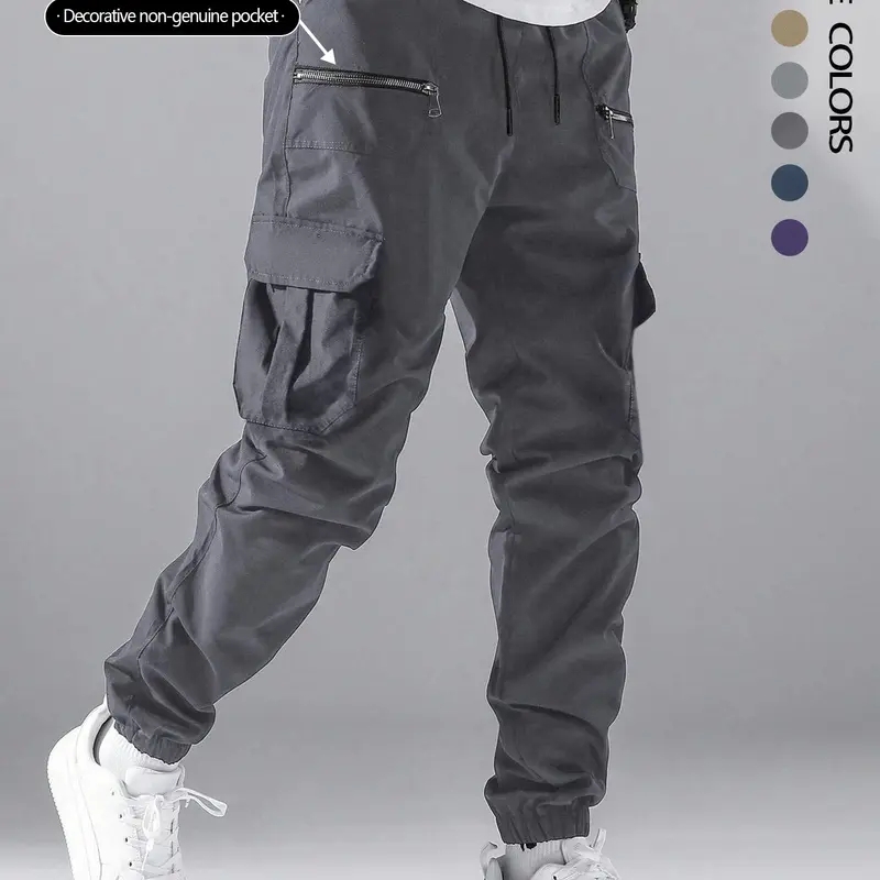 Men's Loose Solid Color Cargo Pants with Drawstring Waist, Zipper and Pockets, Street Fashion Jogger Trousers, Casual Athletic Pants for Daily and Outdoor Wear, Suitable for All Seasons, Menswear, Sportswear, Activewear