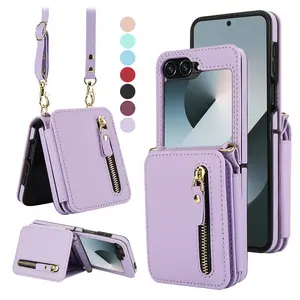 For Samsung Galaxy Z Flip 7 6 5 4 3 Luxury Zipper Wallet Phone Case, Multi-Function Kickstand Card Holder Adjustable Crossbody Strap, RFID Blocking Card Solts Fashion Flip Case Phone Cover for Women Girls