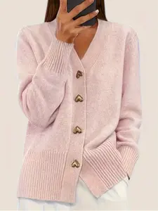 Elegant Women's Knit Cardigan, V Neck Sweater Coat, Heart Button Design, Soft Comfortable Fit, Perfect for Fall & Winter, Knitwear