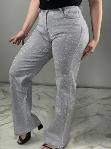Luna's Silver Grey Rhinestone Straight Jeans