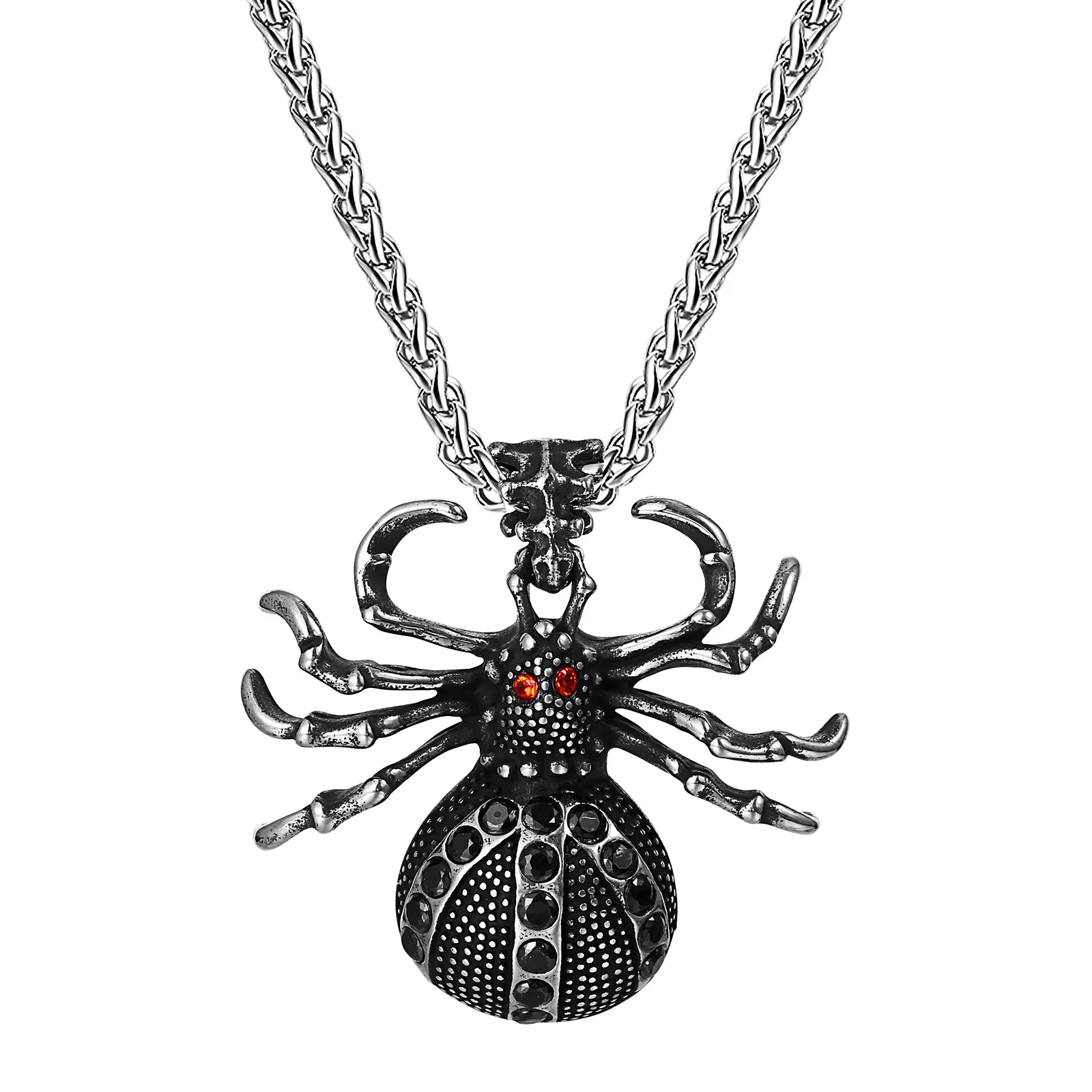 OIDEA Men's Stainless Steel Spider Design Necklace, Gothic Punk Jewelry with Red Cubic Zirconia Eye, Comfortable 24in Chain, Halloween Gift, Streetwear Statement Jewelry