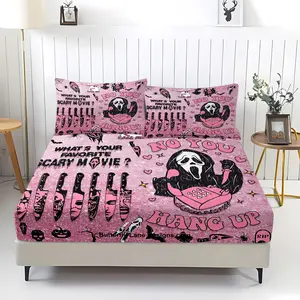 Barbie-Style Horror-Themed 3pcs Fitted Sheet Set, Bed Sheet Sets, Ink and Black Contrasting Design for A Dark and Edgy Yet Sweet Look Bedding Set, Soft and Comfortable, Microfiber Material, Includes 2 Pillowcases, Not Include Pillow Insert