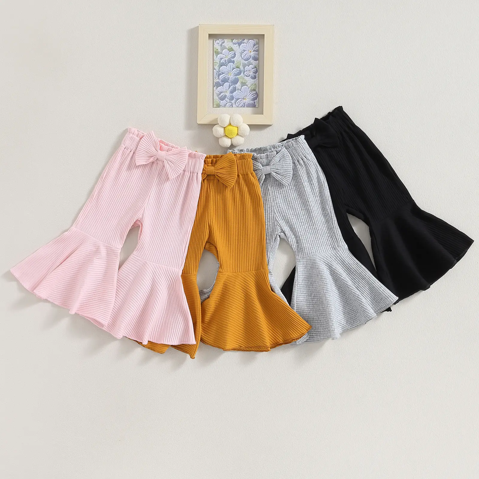 Infant Girl Flare Pants Solid Color Ribbed Trousers Bowknot Elastic Waist Fall Bell Bottom