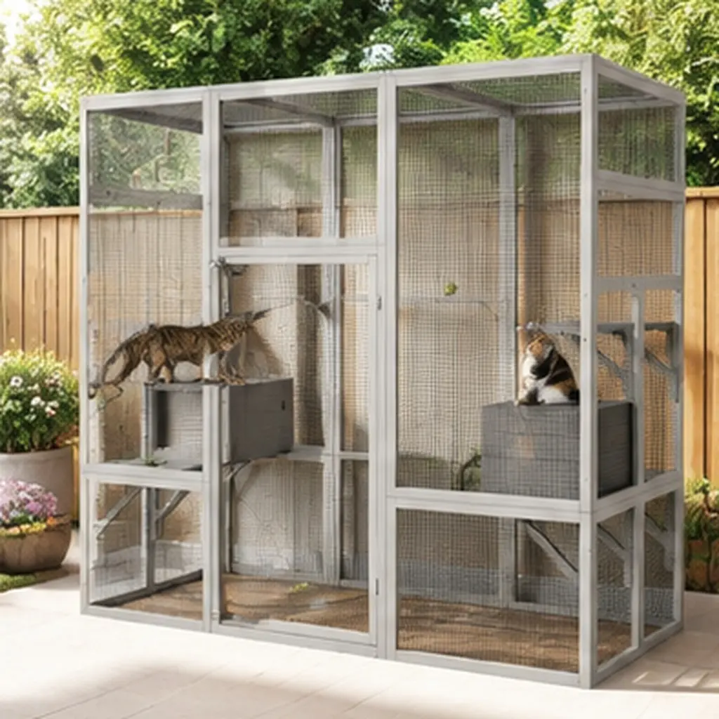 62.6" Gray Outdoor Wooden Cat House Large Catio Solid Wood Cat Cage Shelter Enclosure Playpen with Anti-UV Waterproof Roof 5 Platforms 2 Resting Boxes for Outdoor Backyard Patio Use, Gray Color Options, Solid Wood Material, Product Dimensions:
