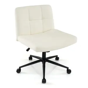 COSTWAY - Height-adjustable Armless Desk Chair with Wheels for Home Office Make Up-Beige