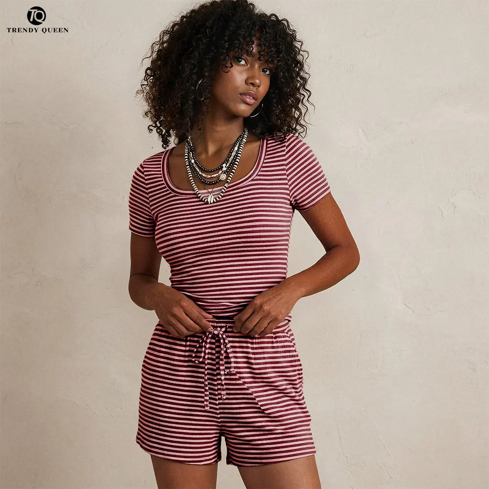 TrendyQueen Women's Striped 2 Piece Set For Summer Short Sleeve Scoop Neck Top and Matching Shorts Summer Lounge Wear Casual Shortsleeve clothes