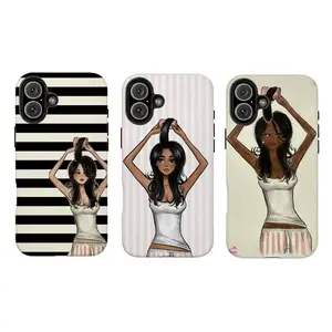 Morning Routine Series | Black & White Striped Lazy Case,Compatible for iPhone 16 15 14 13 12 11 17Pro Max,for Samsung S25 S24 S23 S22 Ultra,Durable Dual-Layer design phone cover,Perfect Gift for Her
