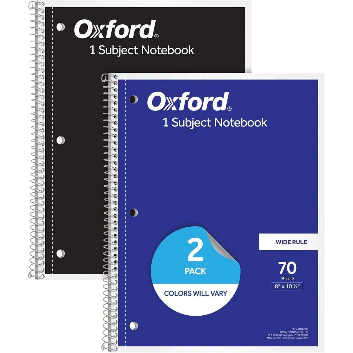Spiral Notebooks, 2 Pack, 1 Subject, Wide Ruled Notebooks for School, 8 x 10.5 Inches, 70 Sheets, Assorted Colors, Back to School Supplies (1002539)