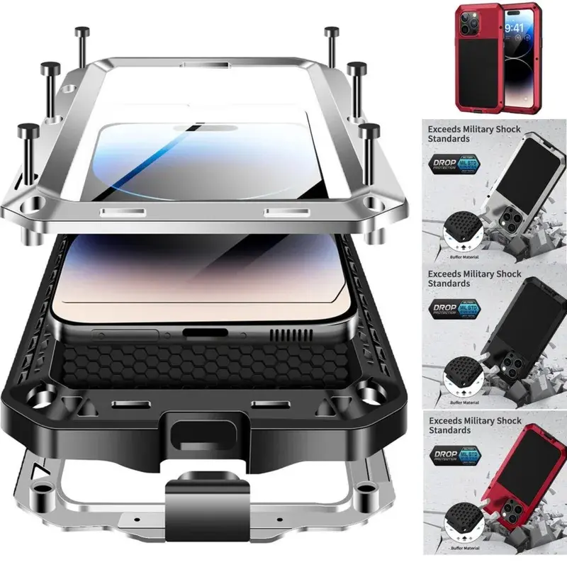 Heavy Duty Aluminum Metal Cover For iPhone 17 16 15 14 13 12 11 ProMax Shockproof Gorilla Glass Metal Case For iPhone XS Max XR