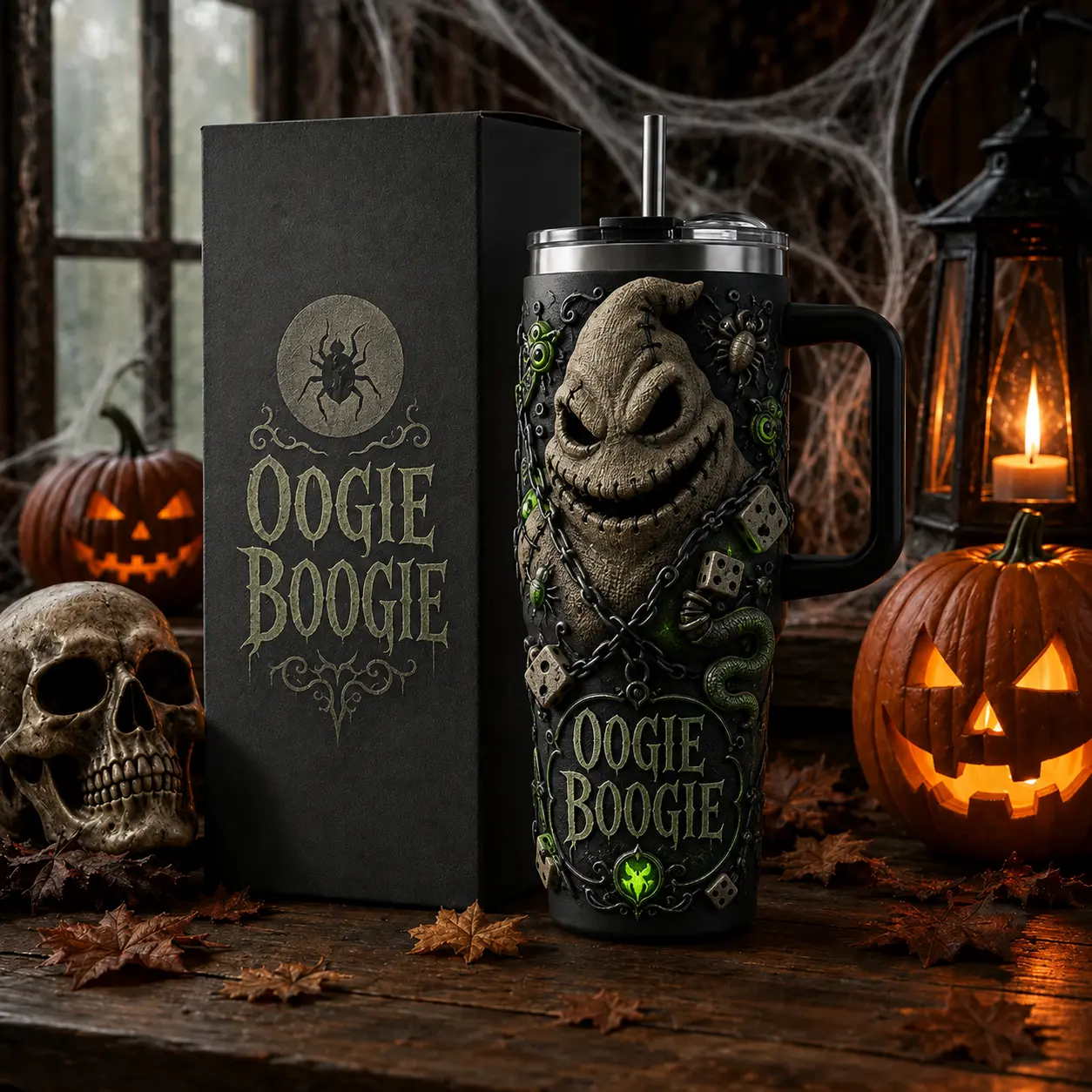 OceanSip4U Oogie Boogie Halloween 40oz Tumbler with Handle, Stainless Steel Insulated Travel Mug with Straw, Spooky Gothic Pumpkin Cup, Double Wall Horror Drinkware, Oogie Boogie Fan Gift