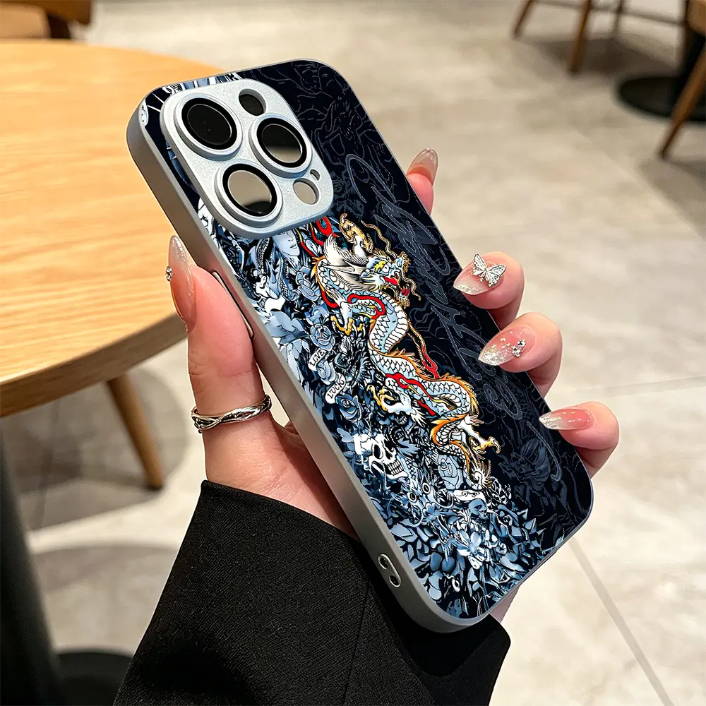 Durable Metallic Blue Dragon Tattoo Shockproof Smartphone Case for iPhone 11-17 Series (Pro Max, Air) - Oriental Aesthetic Cover, Fiery Serpent Art, Traditional Ink Pattern, Bold Asian Motif, Blue-Gold Contrast, Protective Wireless Device Gift Accessory,