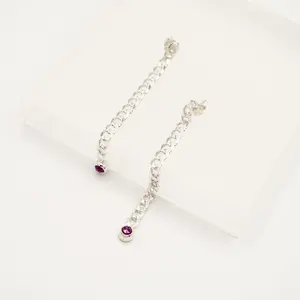Edgy Sterling Silver Cuban Chain Pink Sapphire Earrings