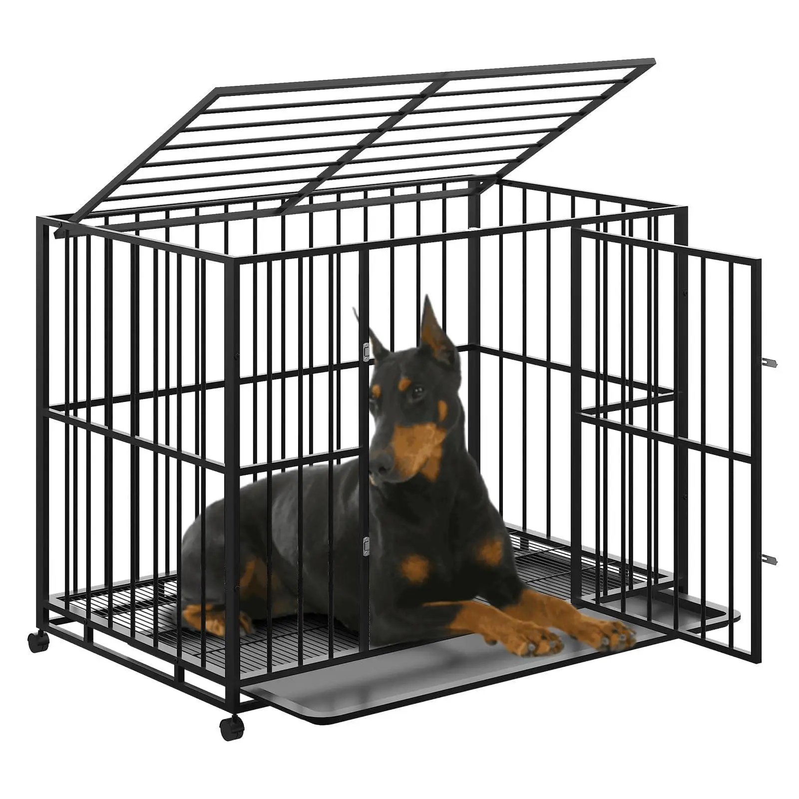 48 Inch Dog Crate for Large Sized Dogs, Heavy Duty Stainless Steel Indoor Kennel Escape Proof with Wheels and Removable Tray, Extra Large XL XXL Indestructible Dog Cage Stackable for High