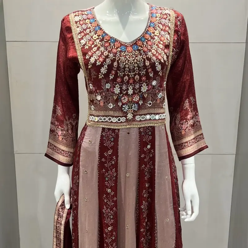Premium Chinnon Fabric 3-Piece Anarkali Dress Set, Maroon & Beige Digital Print A-Line Kurti - Party Outfit
