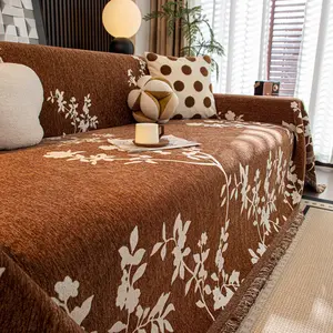 All-Season Brown Base with White Floral Chenille Sofa Cover, Luxury Modern Home Decor Throw, Soft and Skin-Friendly to Create a Cozy Home Atmosphere