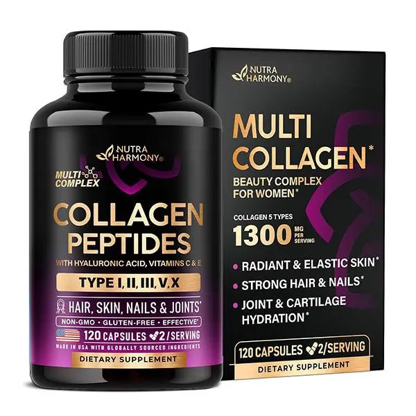 Multi Collagen Peptides 1300mg - Hydrolyzed Types I II III V & X - 120 Caps | Collagen Supplements for Women + Hyaluronic Acid, Vitamin C & E - Skin Hair Nails & Joint Support - Lab Tested, 60-Day Supply