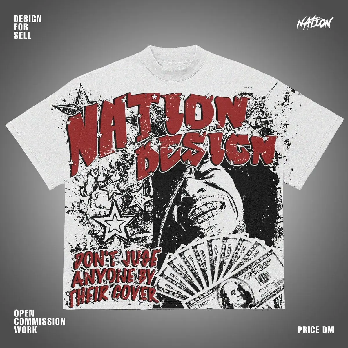 Y2K Grunge Streetwear Graphic Tee - Hip Hop Money Fan Statement Design - Unisex Oversized Casual Top in Premium Soft Cotton Blend - Vintage Punk Retro Distressed Splatter Print Fashion T-Shirt