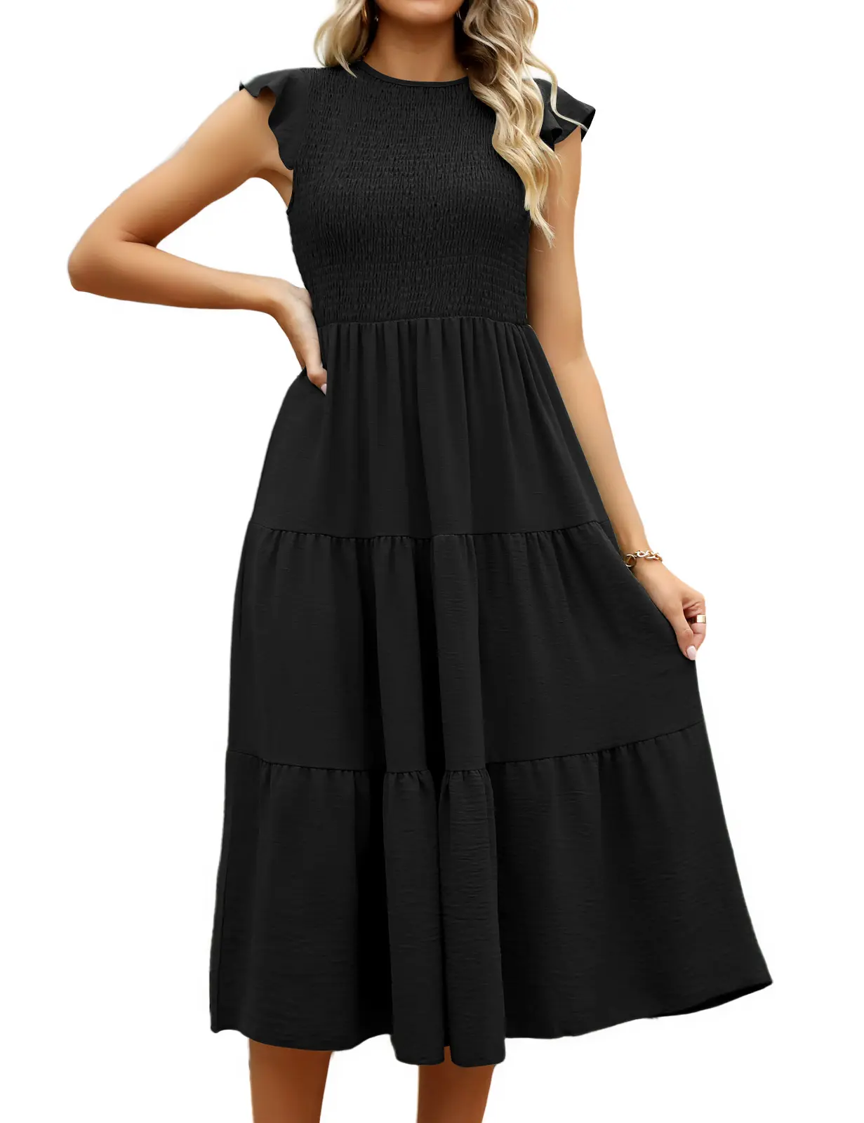 FASHORA Women's Summer Ruffle Cap Sleeve Dress, Smocked Tiered Flowy Midi Dress for Casual Beach Vacation Sleeveless Long Dress Wedding Guest Dress  #SummerWins SwimWeek Womenswear Womenswear Womenswear