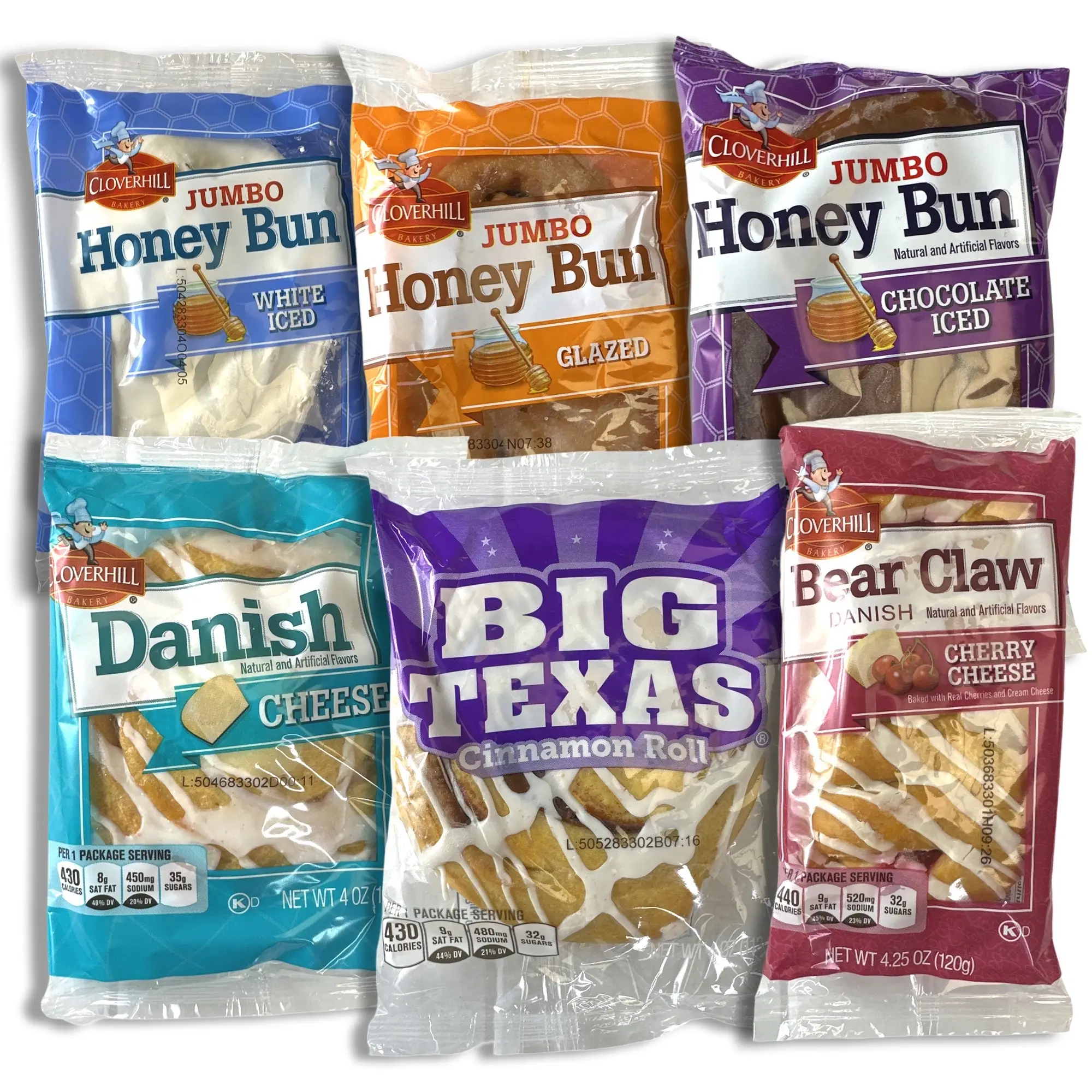 Cloverhill Bakery 6 Flavor Variety | Big Texas Cinnamon Roll, Cherry Cheese Bear Claw, Cheese Danish and Chocolate, Iced & Glazed Honeybuns