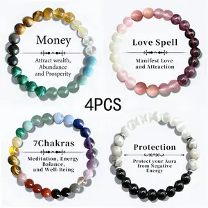 GEMRICH 4-piece Bohemian beaded bracelet set — natural yellow quartz, peacock stone, pink crystal, moonstone, tiger’s eye, and cinnabar; symbolizes wealth protection and vitality; suitable for banquets and everyday wear and also makes a great gift.