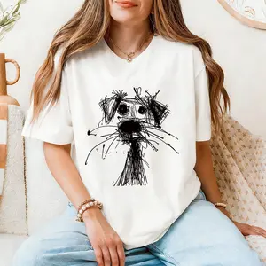 Women's Casual Round Neck Puppy Doodle Print Short Sleeve oversize T-Shirt, Cotton 100%, Versatile, made in USA Breathable Breathable Breathable