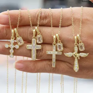Dainty Dual Charm Cross Pendant Necklace, 14K Gold Plated Cubic Zirconia Cross Necklace for Women, 4 Styles Adjustable Delicate Religious Fashion Jewelry, Daily Wear Party Gift for Her