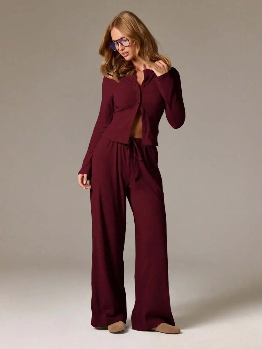 Women's Solid Color Long Sleeve Single-Breasted Top And Waist Tie Long Pants Casual Suit