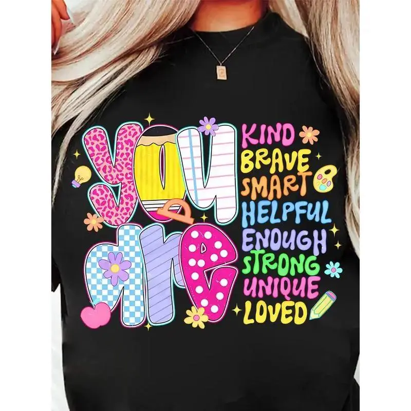 Women's Soft Cotton Loose-Fitting Short Sleeve T-Shirt - Round Neck, Motivational Floral Print, Slogan Inspirational Quote, Fitness Wear, Trendy Teacher Clothing, Casual Spring Summer, Machine Washable, Do Not Bleach, Teacher Gift, Crew Neck, Flat