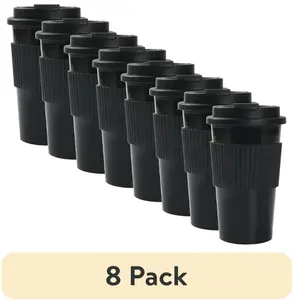(8 pack) 18oz Rich Black Plastic Travel Coffee Cup with Lid