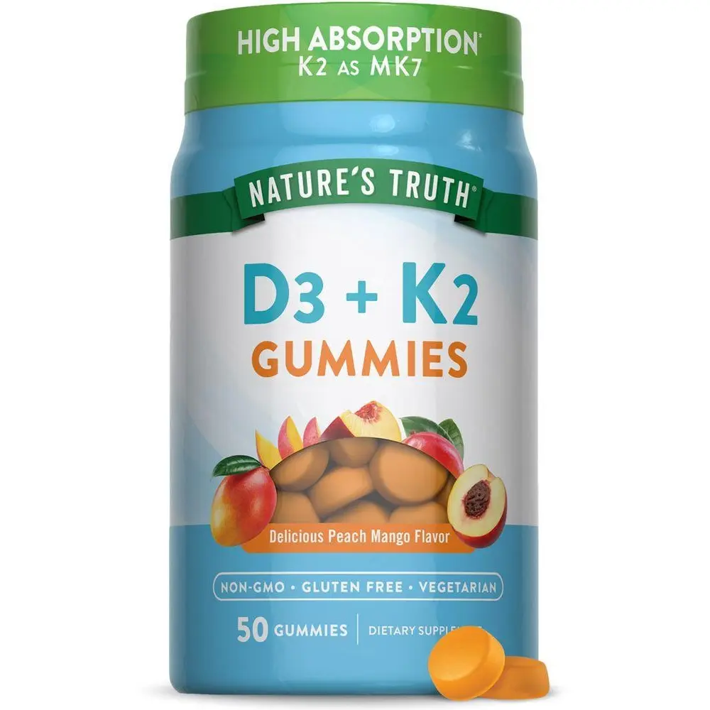 Nature's Truth Vitamin D3 + K2 Gummies - 50 Count - Peach Mango Flavor - Vegetarian, Non-GMO & Gluten Free Supplement Nature's Truth Vitamin D3 + K2 Gummies - 50 Count - Peach Mango Flavor - Vegetarian, Non-GMO & Gluten Free Supplement