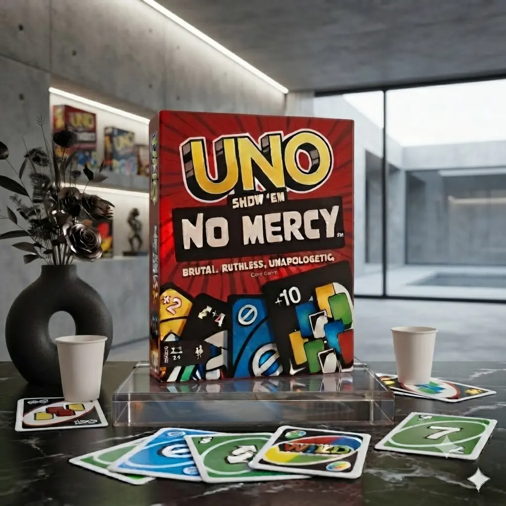 UNO Show 'Em No Mercy Card Game – The Ultimate Party Card Game for Family and Friends. Experience a wild twist on classic UNO with powerful action cards, brutal penalties, and intense gameplay. Perfect for game nights, parties.