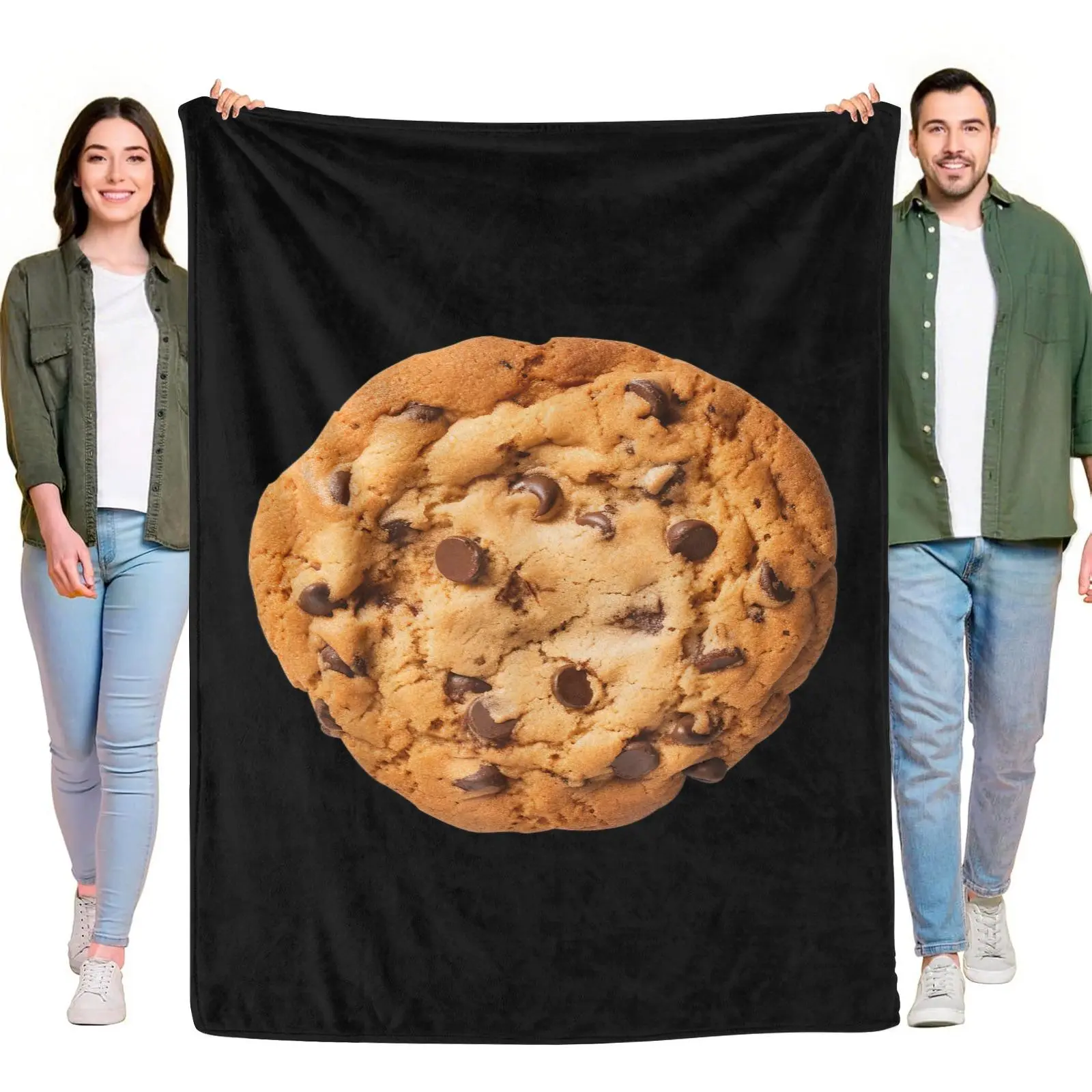 Rectangular Cookie Print Single-Side Flannel Throw Blanket - 300g, Realistic Chocolate Chip Cookie Top View, Black Background, Delicious Baking Food Design, Cozy Home Decor, Thermal Insul, Hand Wash Safe