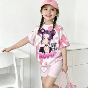 K-Pop Demon Hunters summer Anime Print 2-Piece Short Sleeve Milk Silk Acrylic Pajama Set,Short Sleeve Print Tight ShortsComfortable Versatile Set,Ultra Soft Stretchy Breathable Kids' Home Loungewear