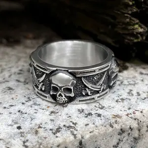 GTHIC Unisex Pirate Sword Skull Ring Punk Fashion Stainless Steel Jewelry For Daily Wear