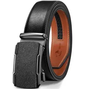 Men's Leather Ratchet Belt Adjustable Slide Buckle, Easy Release, Dress & Casual Designer Belt, Great Gift for Men
